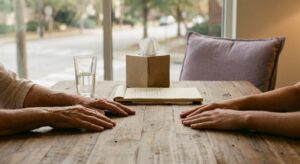 Close view of two pairs of hands resting on a wooden table beside a glass of water, a notepad, and a tissue box in a softly lit, calm meeting room, with a lavender-gray cushion in the background.
